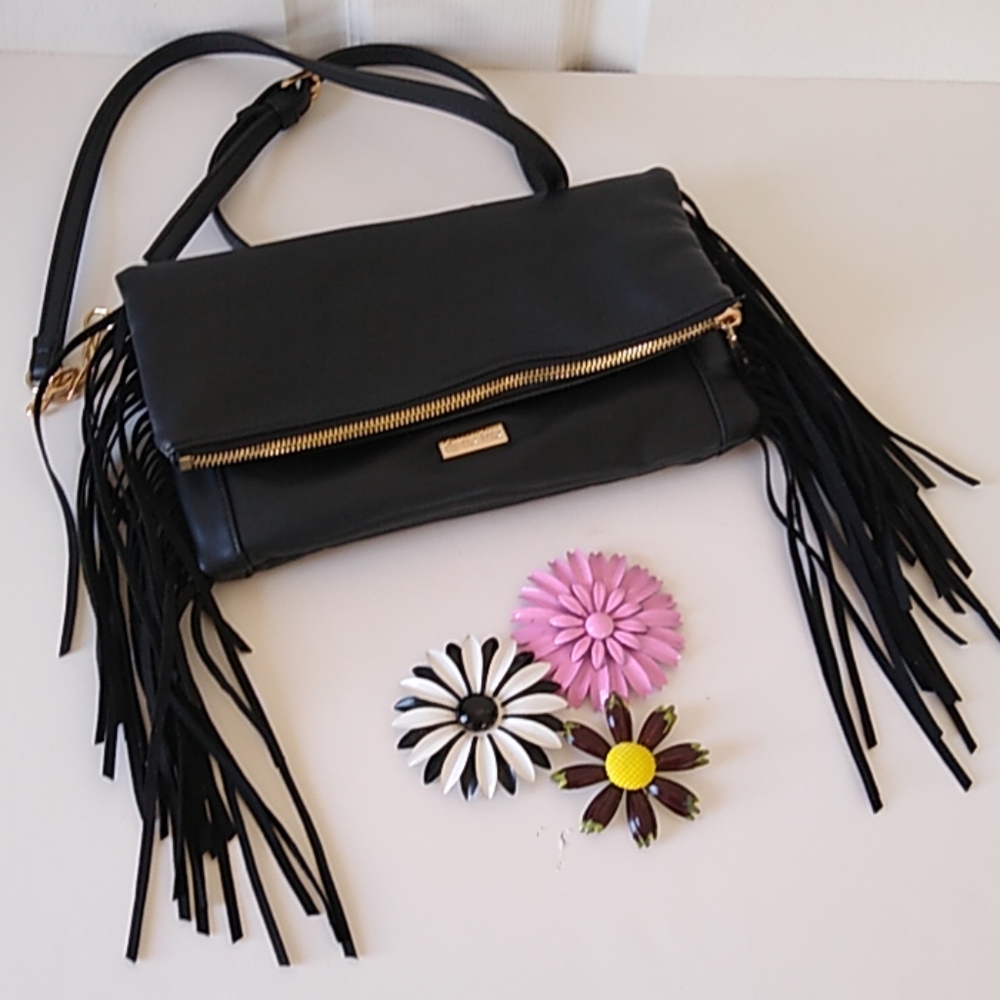 Vegan Leather Deux Lux Black Fringe Crossbody NWOT